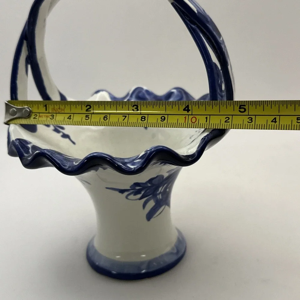 Blue & White Ceramic Floral Basket Hand Painted Portugal Pottery 9